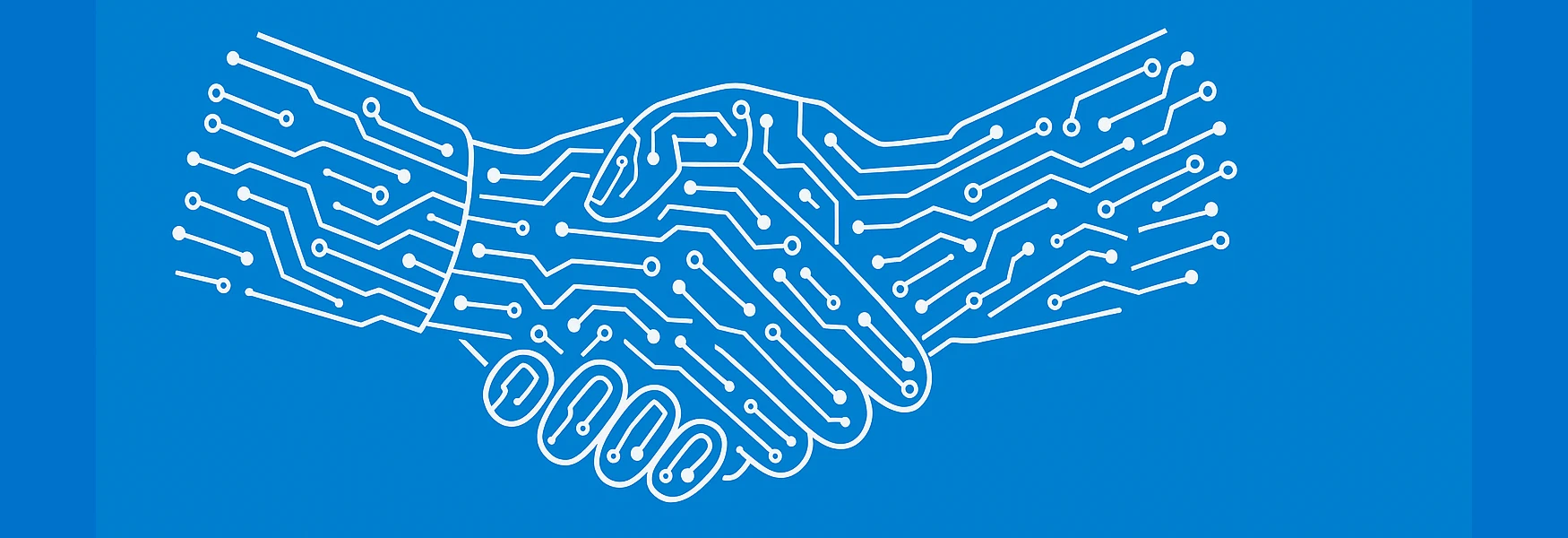Illustration of two hands shaking, composed of circuit-like patterns on a blue background.