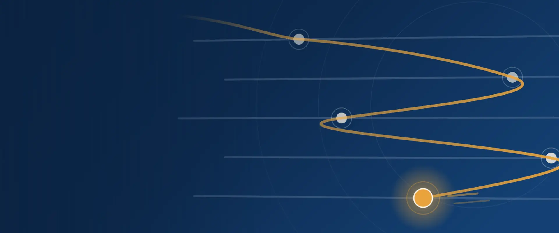 Abstract line graph with a glowing orange point on a dark blue background, featuring spiraling gold lines and circular markers.