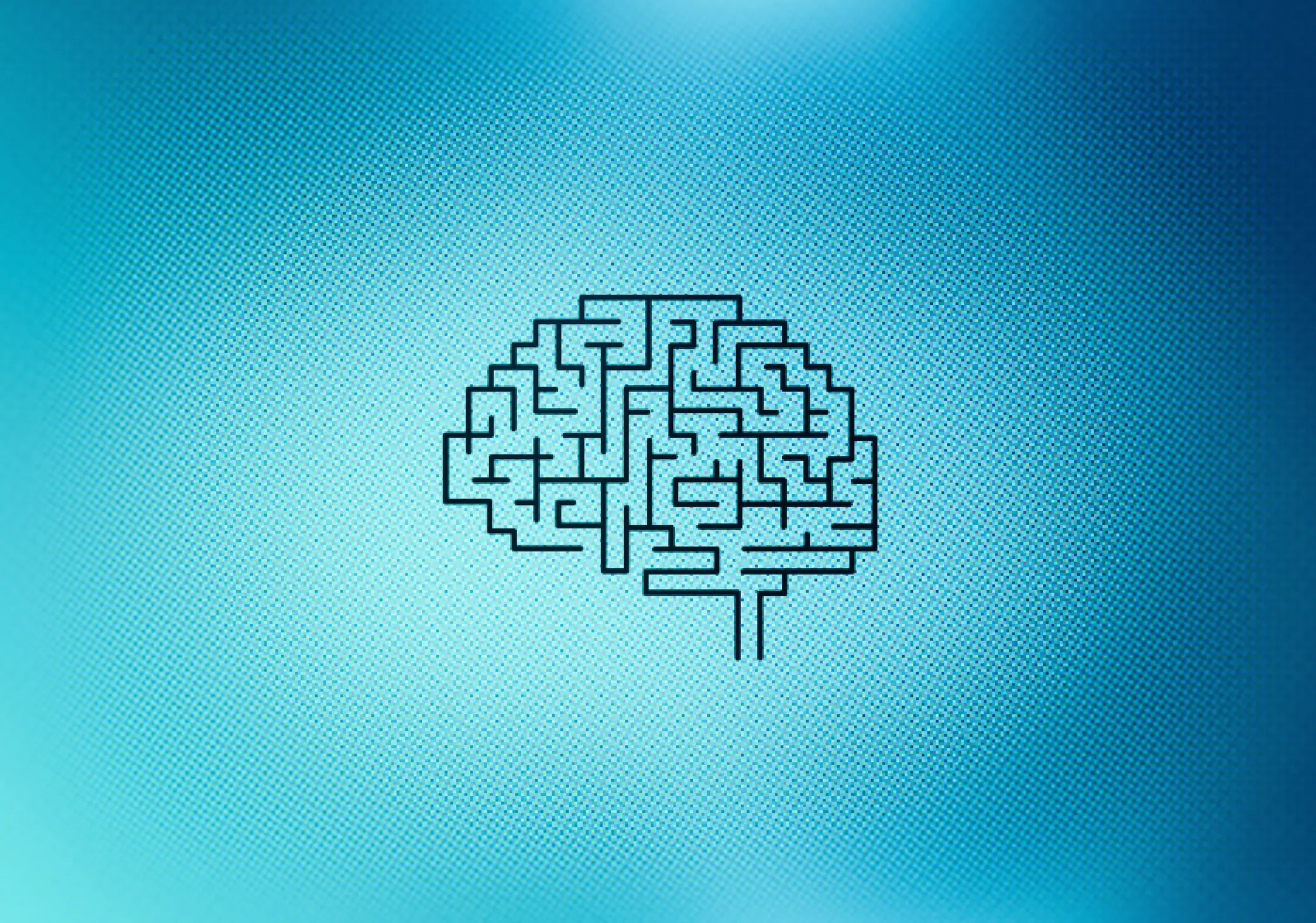 Outline of a maze shaped like a brain on a gradient blue background, symbolizing complex thinking and problem-solving.