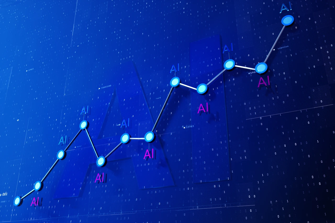Line graph with dots labeled "AI" on a blue digital background, indicating upward trend.