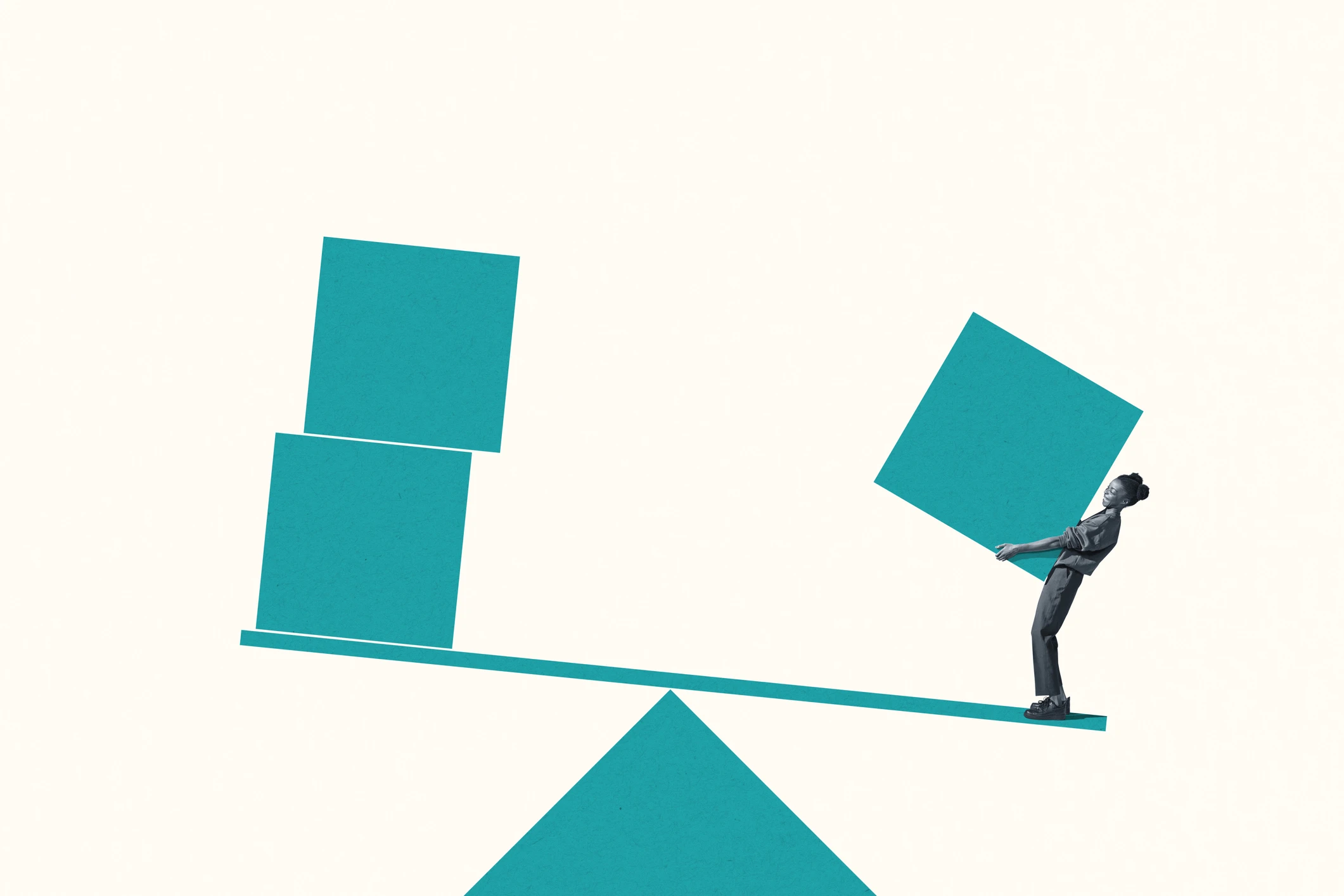 Collage of a person balancing teal boxes on a seesaw, symbolizing balance and decision-making.