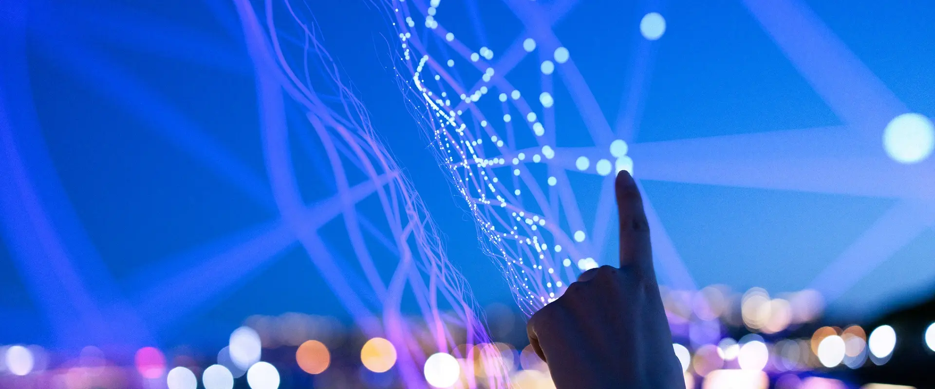 A hand touches a digital network with glowing nodes, set against a blue-purple background.