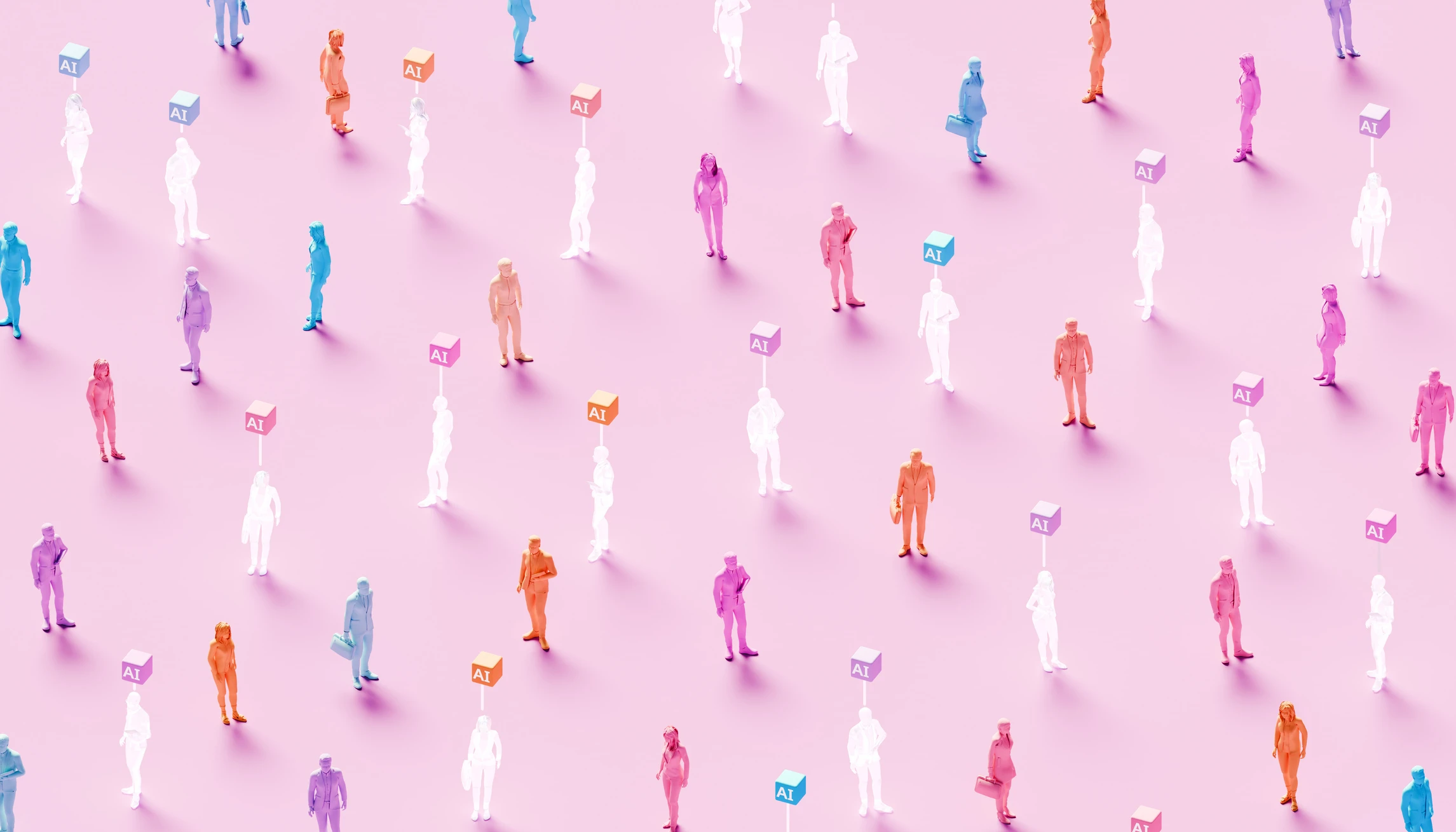 A pink background with diverse, translucent figures holding small blocks labeled "AI," casting shadows.