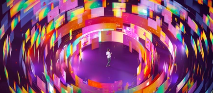 Person surrounded by vibrant, swirling digital screens on a purple background, symbolizing digital immersion.