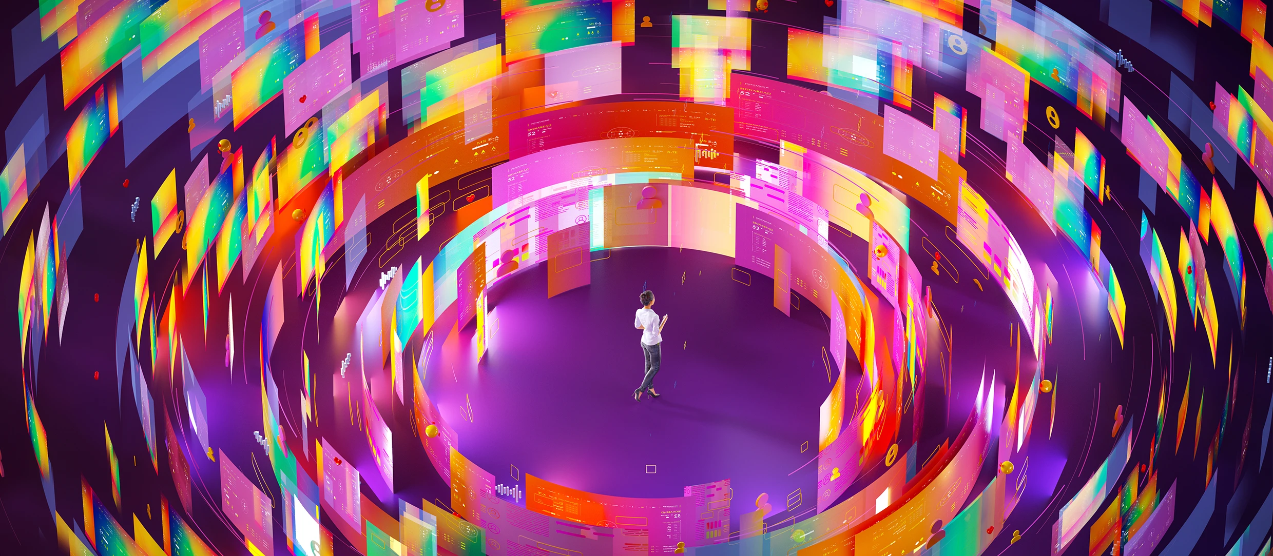 Person surrounded by vibrant, swirling digital screens on a purple background, symbolizing digital immersion.