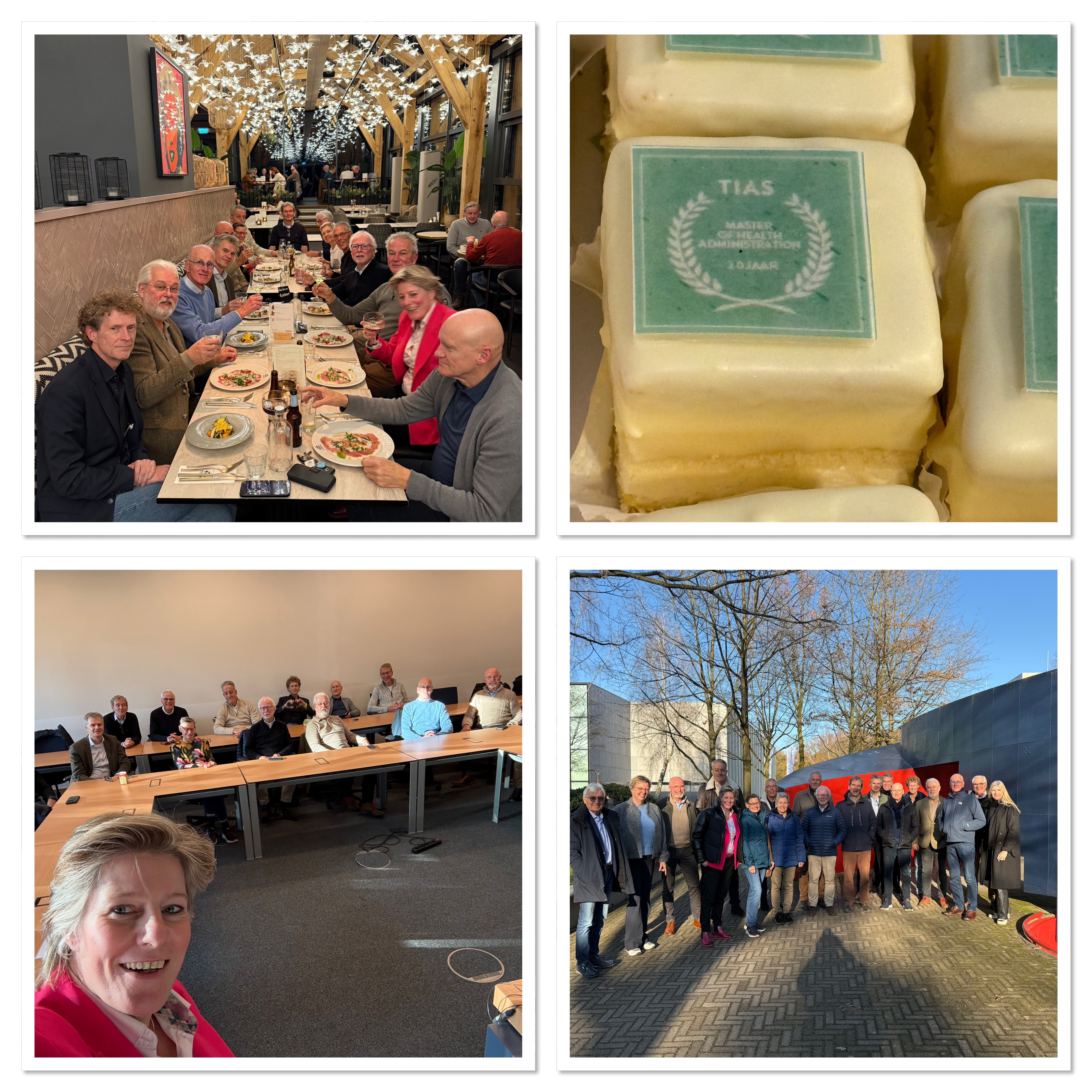 Collage of a group dinner, branded pastries, a classroom setting, and a group portrait outdoors.