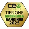 Gold hexagonal badge with "CEO Magazine Tier One Green MBA Rankings 2025" in bold black and green text.