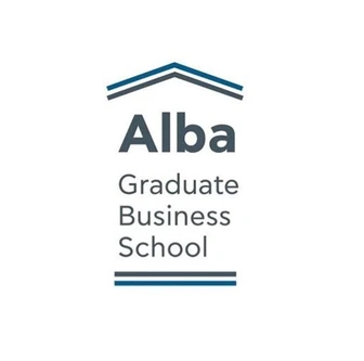 Logo of Alba Graduate Business School with stylized lines resembling a roof above the text and parallel lines below.