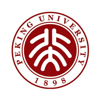 Red and white circular logo of Peking University, featuring stylized lines and the year 1898.