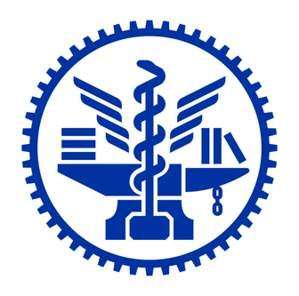 Blue emblem with a caduceus, anvil, books, and wings, encircled by gear teeth, symbolizing industry, knowledge, and medicine.