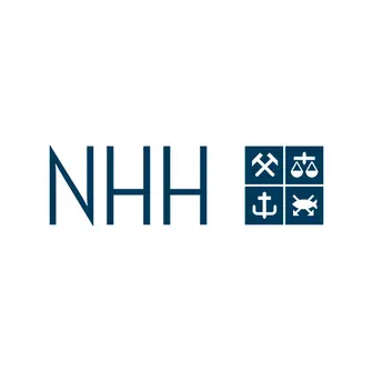 NHH logo featuring the letters "NHH" and four icons: a pickaxe, scales, an anchor, and a plane, in a blue and white color scheme.
