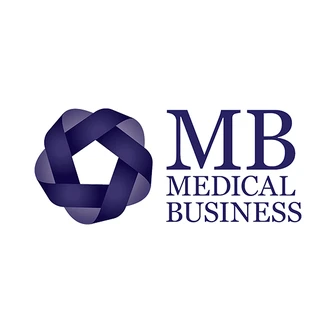 Logo with a dark blue intertwined ribbon design and the text "MB Medical Business" in bold, dark blue letters on a white background.