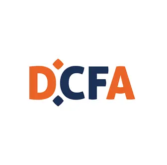 Logo with the letters "DCFA" in bold, featuring orange and navy blue colors, with a diamond shape between the "D" and "C" on a white background.