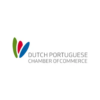 Logo of the Dutch Portuguese Chamber of Commerce with abstract shapes in green, red, and blue beside the text.