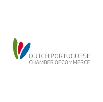 Logo of the Dutch Portuguese Chamber of Commerce with abstract shapes in green, red, and blue beside the text.