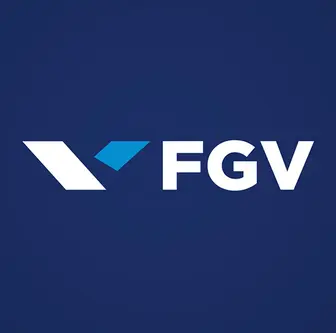 Logo of FGV featuring a stylized white and blue geometric design on a dark blue background.