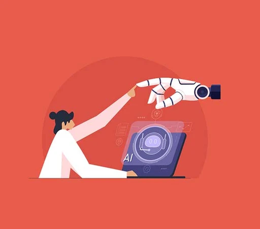 Preconditions AI Success Image, woman touching robot finger. Laptop.