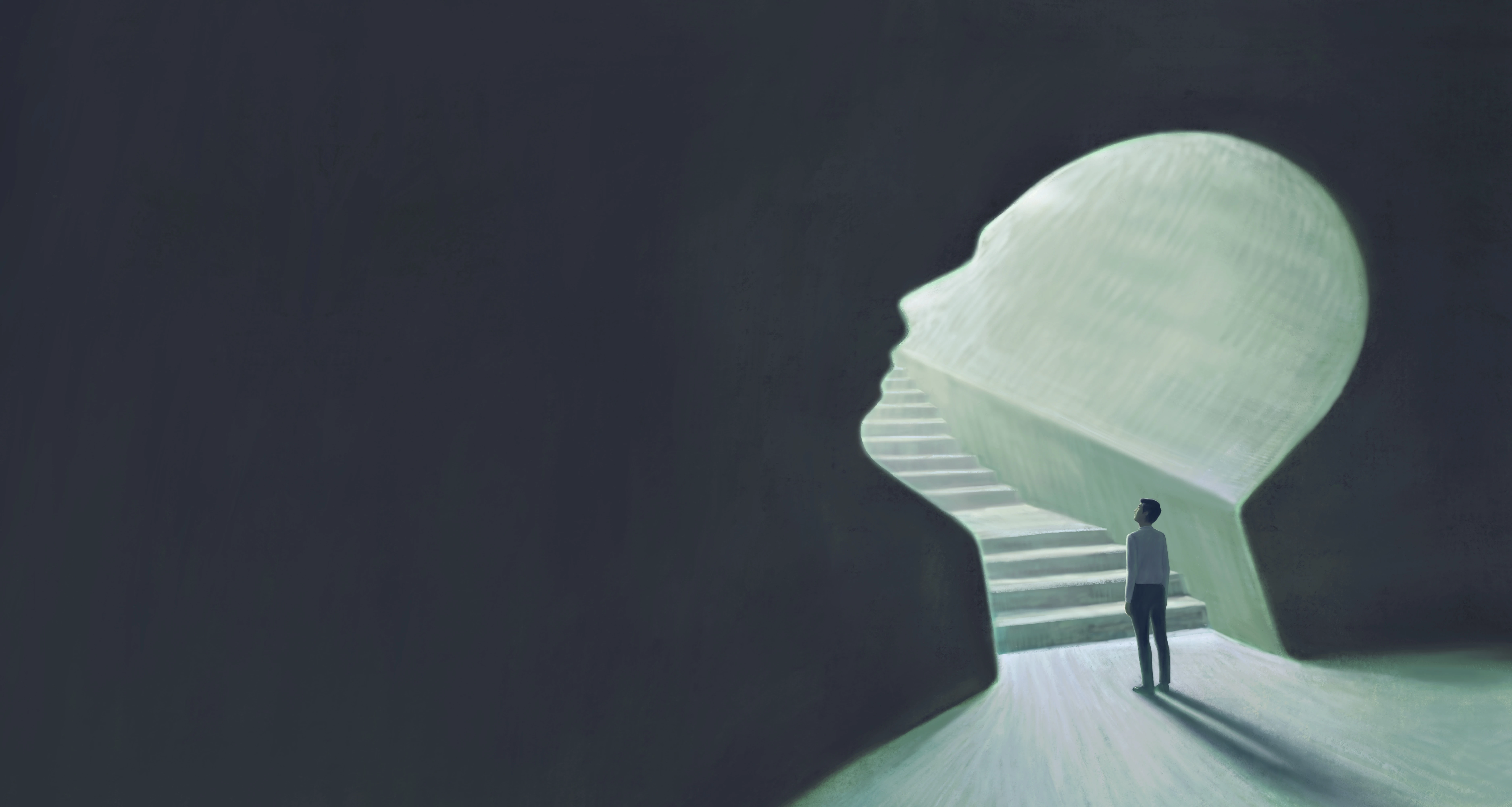 A person stands at the entrance of a staircase shaped like a human head, symbolizing introspection and self-discovery.