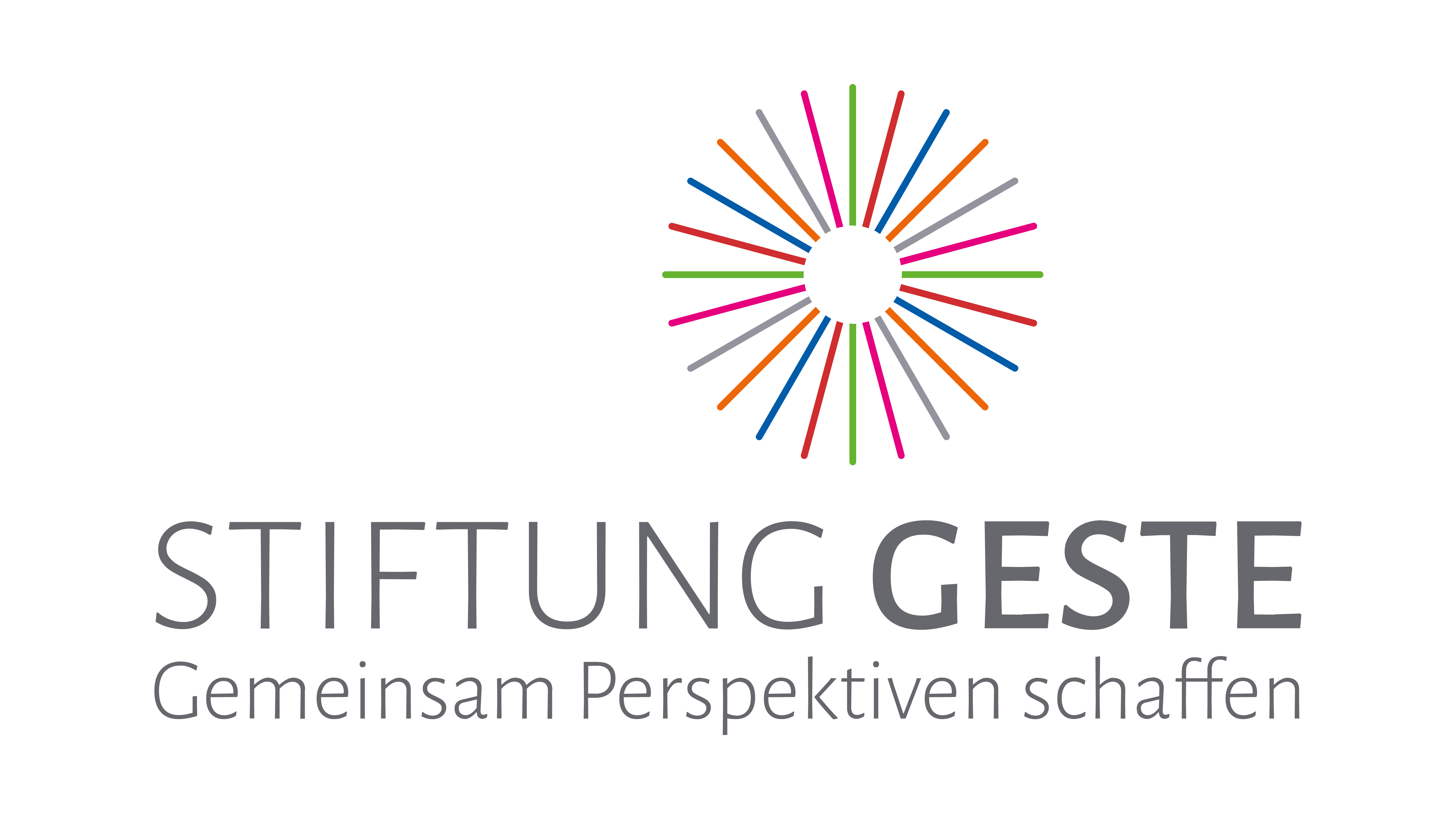 Logo der Stiftung GESTE: In der Mitte ein stilisierter Kreis aus bunten, strahlenförmig angeordneten Linien in Pink, Orange, Blau, Grün, Grau und Rot. Darunter der Schriftzug „STIFTUNG GESTE“ in grauer Großschrift. Unterzeile in kleinerer Schrift: „Gemeinsam Perspektiven schaffen“.
