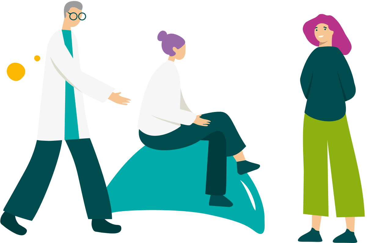 Grafik von einem Arzt und einer Psychotherapeutin von sowhat mit einer Person mit Essstörung