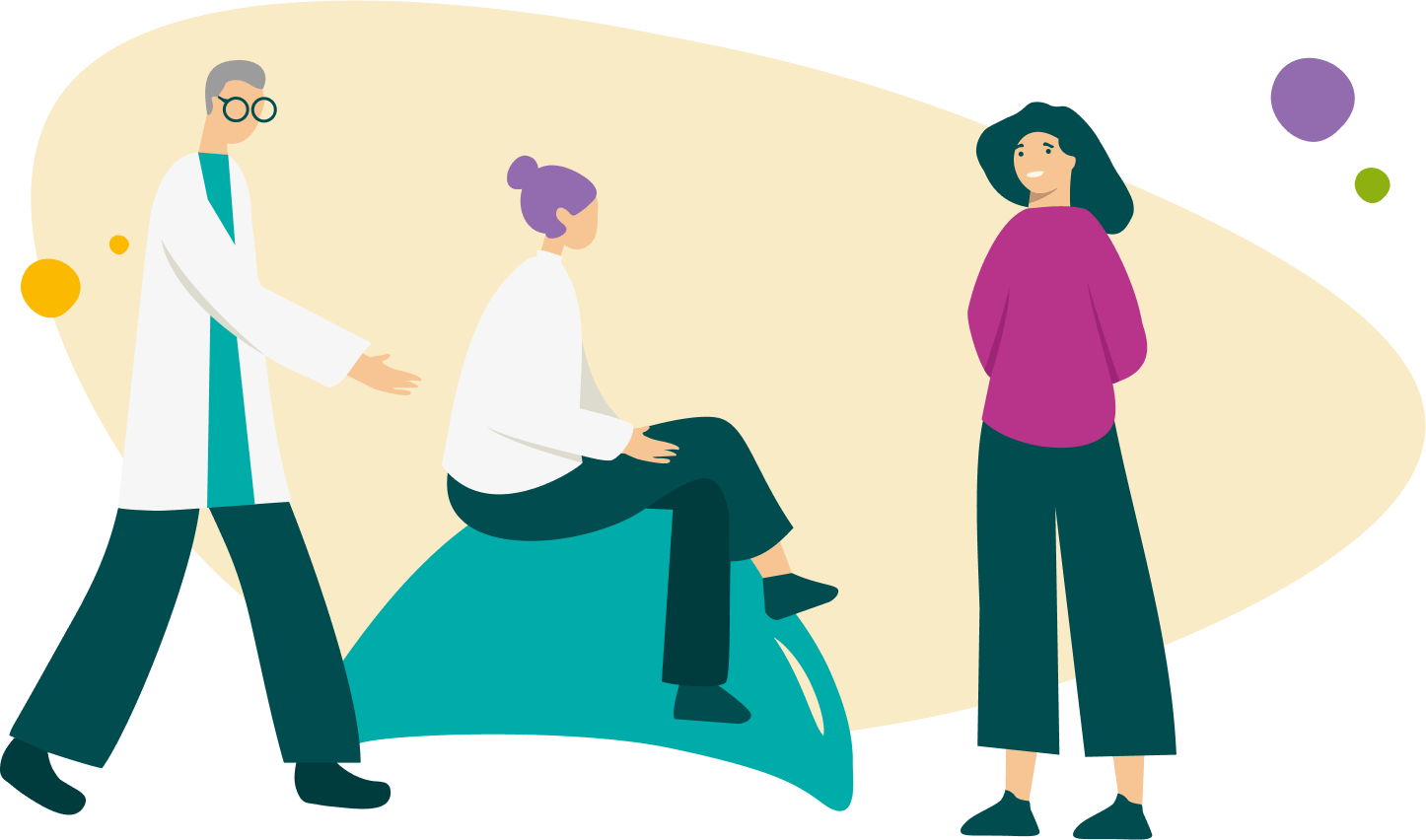 Grafik von einem Arzt und einer Psychotherapeutin von sowhat mit einer Person mit Essstörung