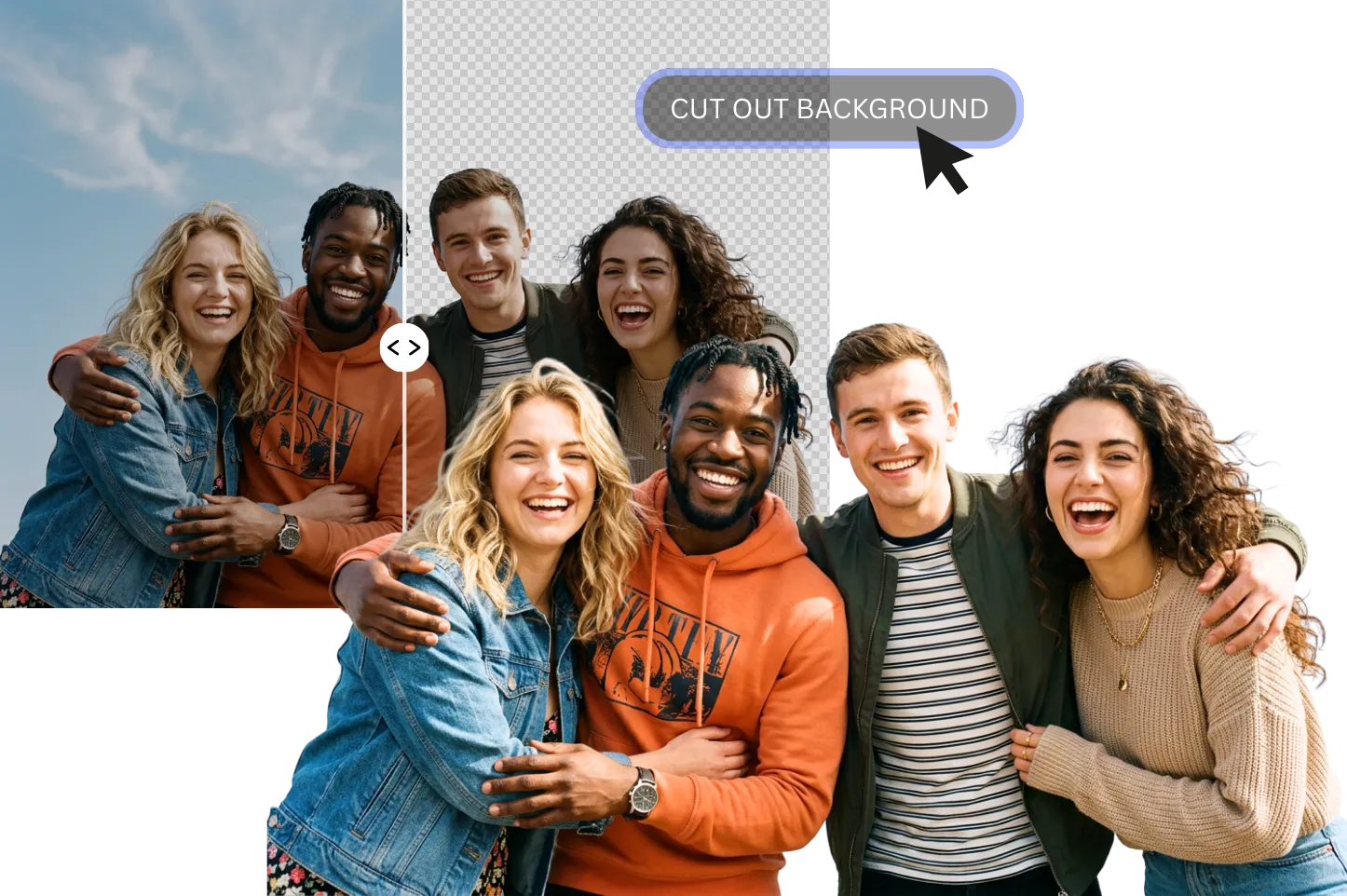 Group of four smiling young people cut out from original sky background, showing transparent preview and isolated subject.