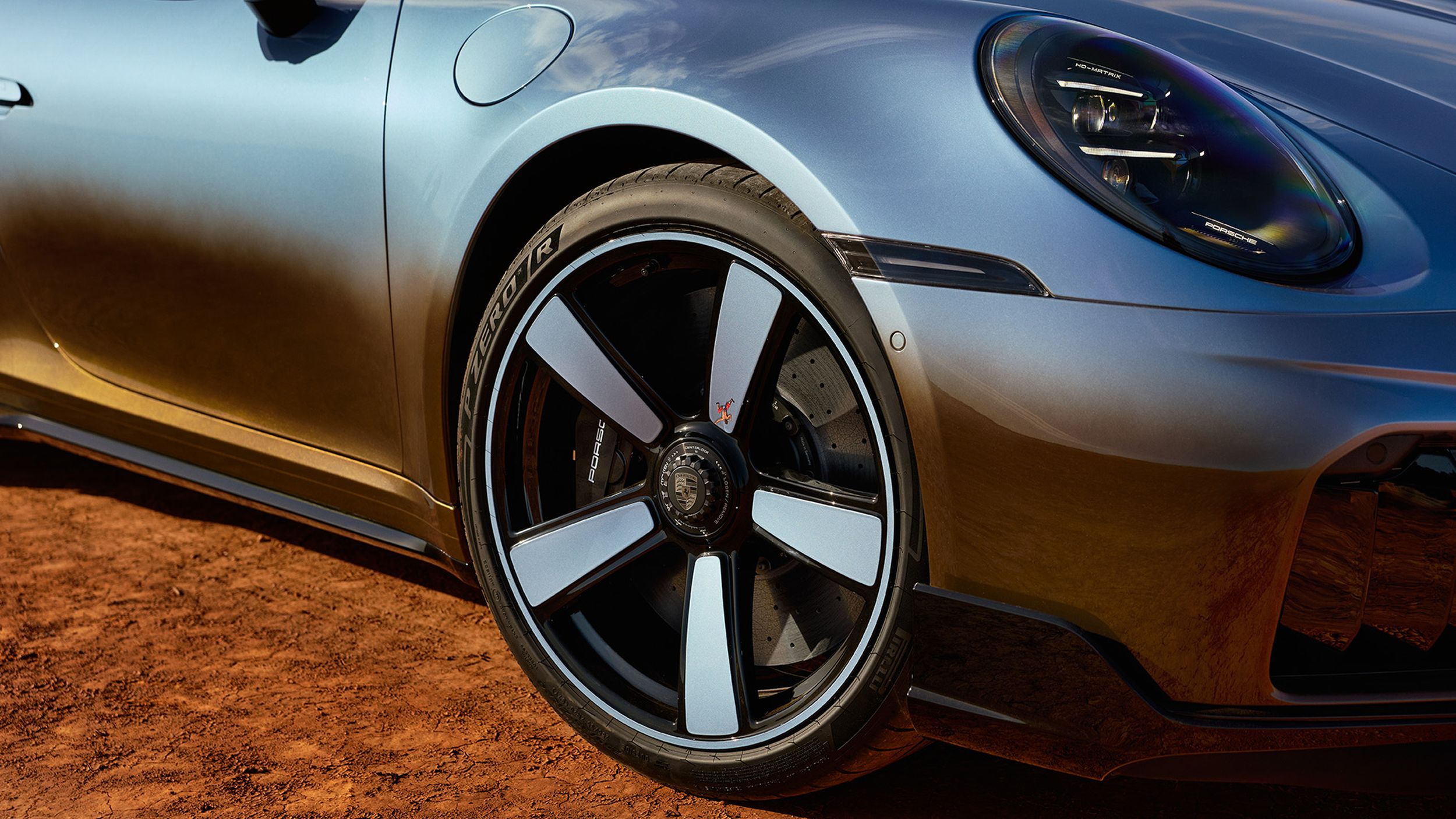Close-up of a front wheel of the 911 Turbo S Land Down Under.