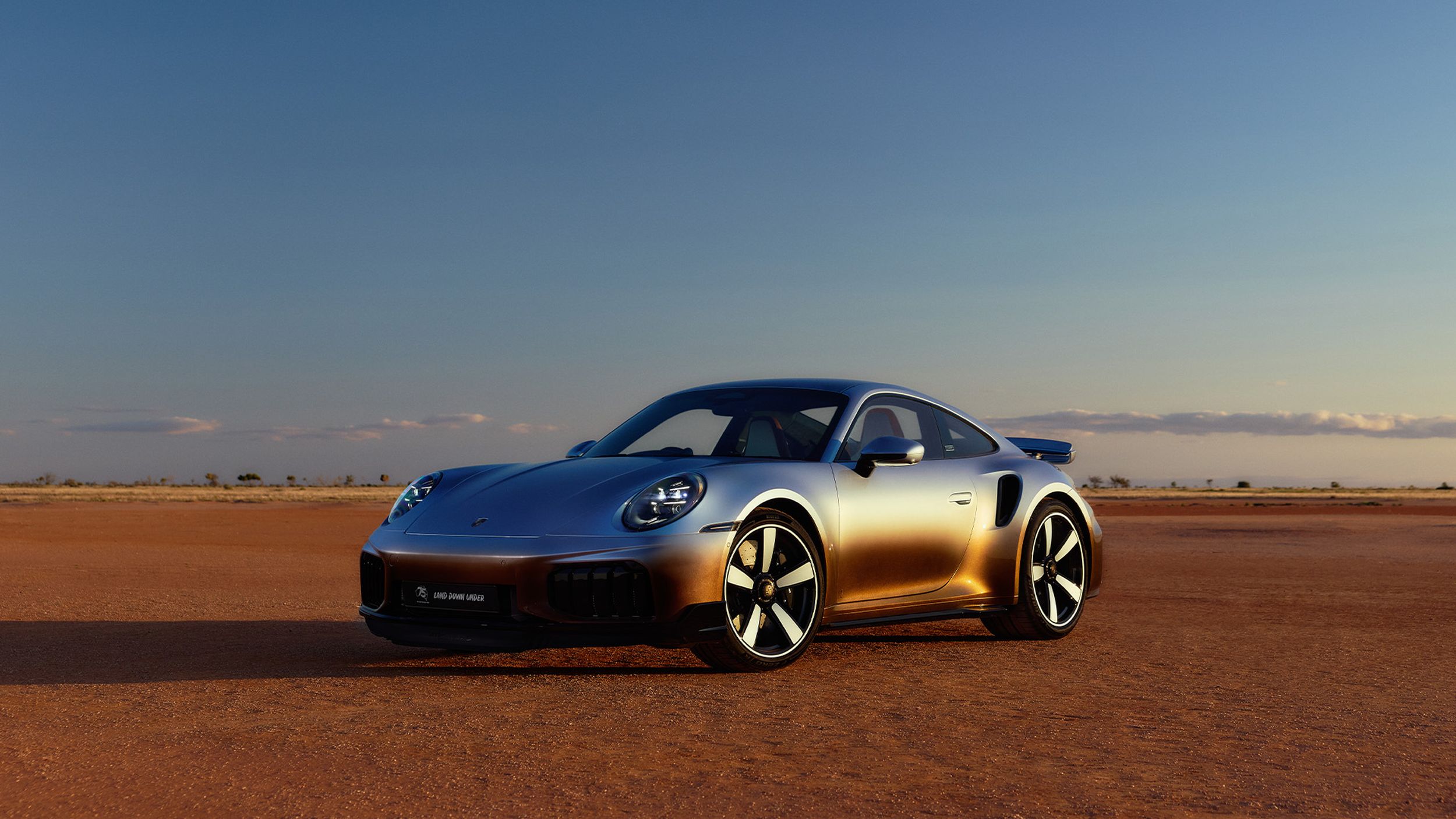 Frontal side shot of the 911 Turbo S Land Down Under in the outback.