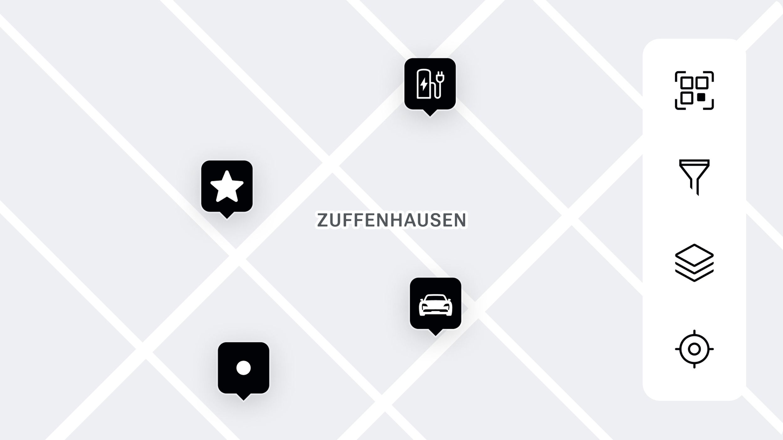 App view showing map with Zuffenhausen location and icons for favorites, workshop, vehicle plus filter options on the side.