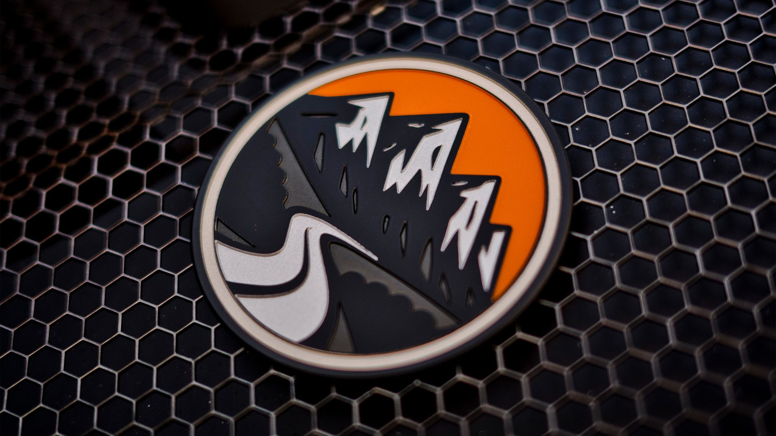 Nahaufnahme des runden Porsche 911 GT3 Bergsport Emblems mit Bergmotiv auf schwarzem Wabengitter.