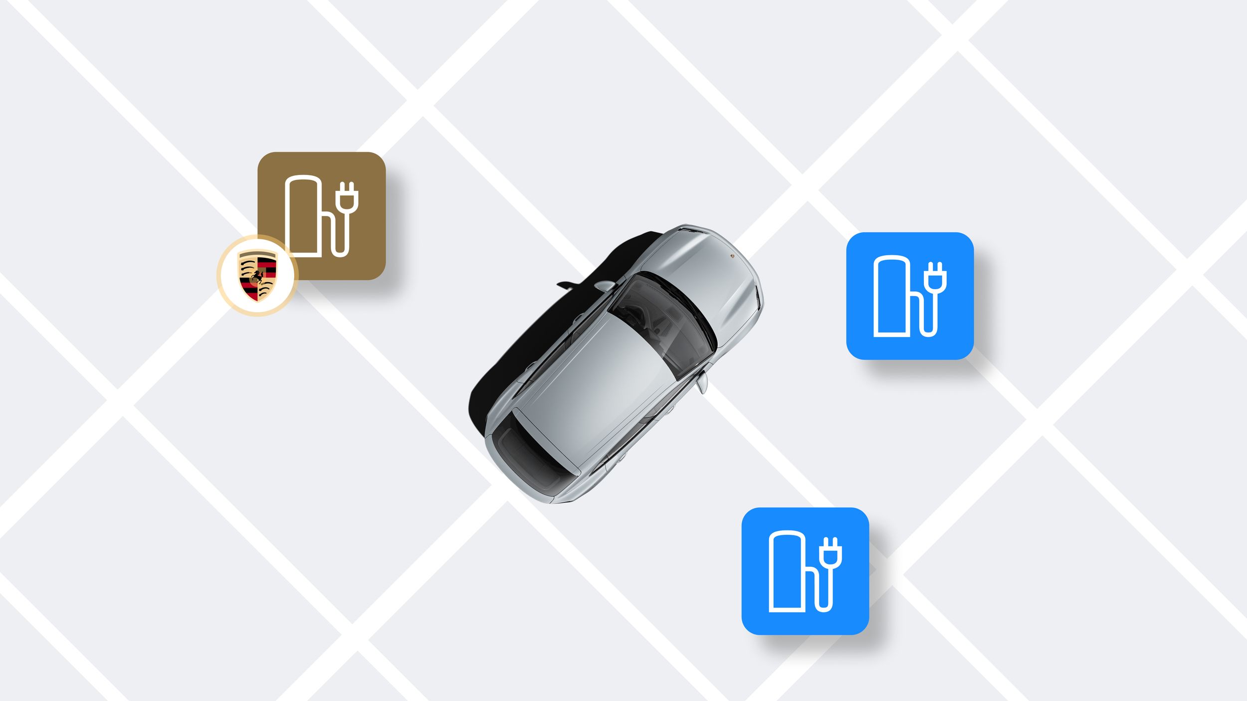 App view showing gray Porsche top view on grid map with charging point icons, including Porsche Charging symbol.