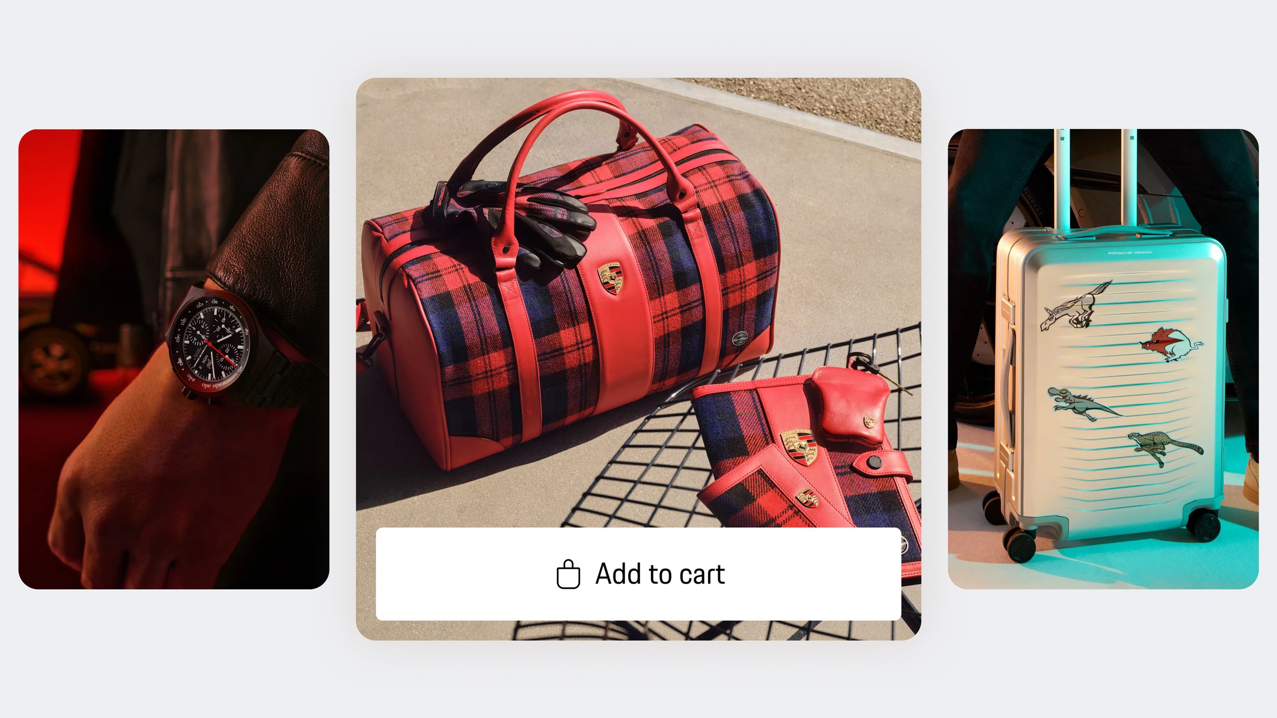 App view showing Porsche bag in red checkered design with gloves and wallet, including ‘Add to cart’ button for purchase option.