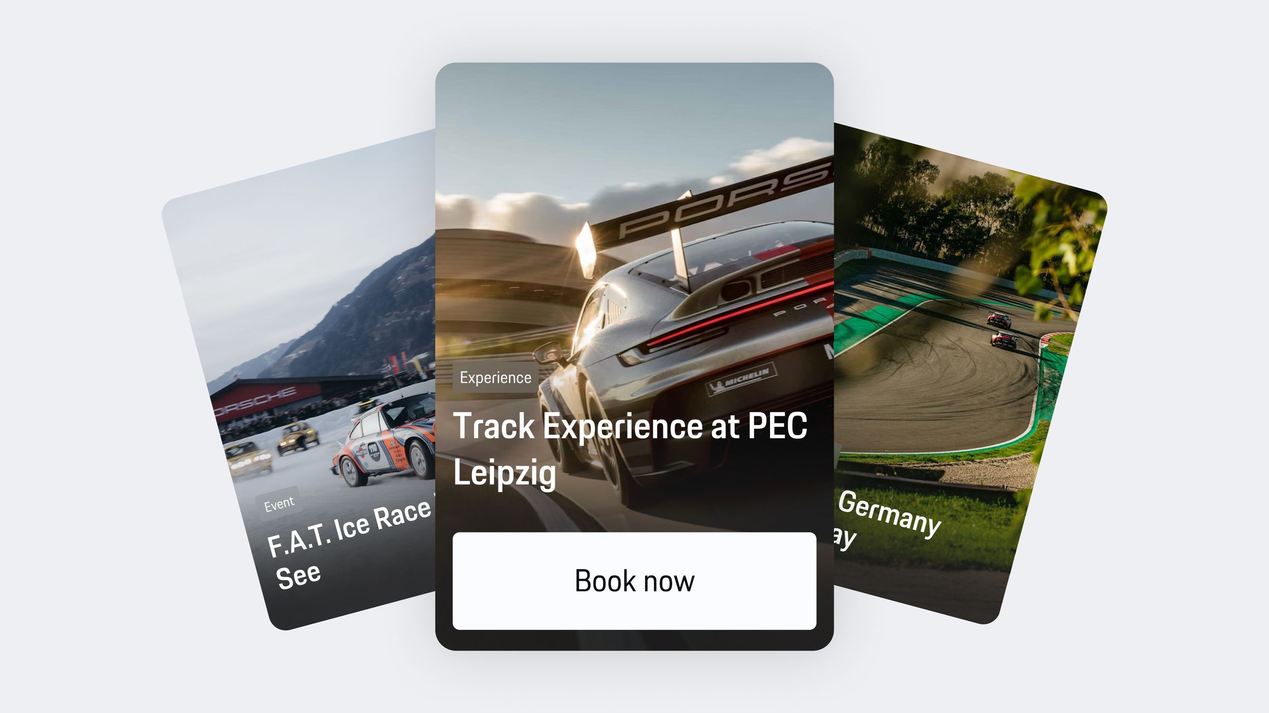 App view showing three Porsche experience offers: Track Experience Leipzig, Ice Race and Driving Day, including ‘Book now’ button.