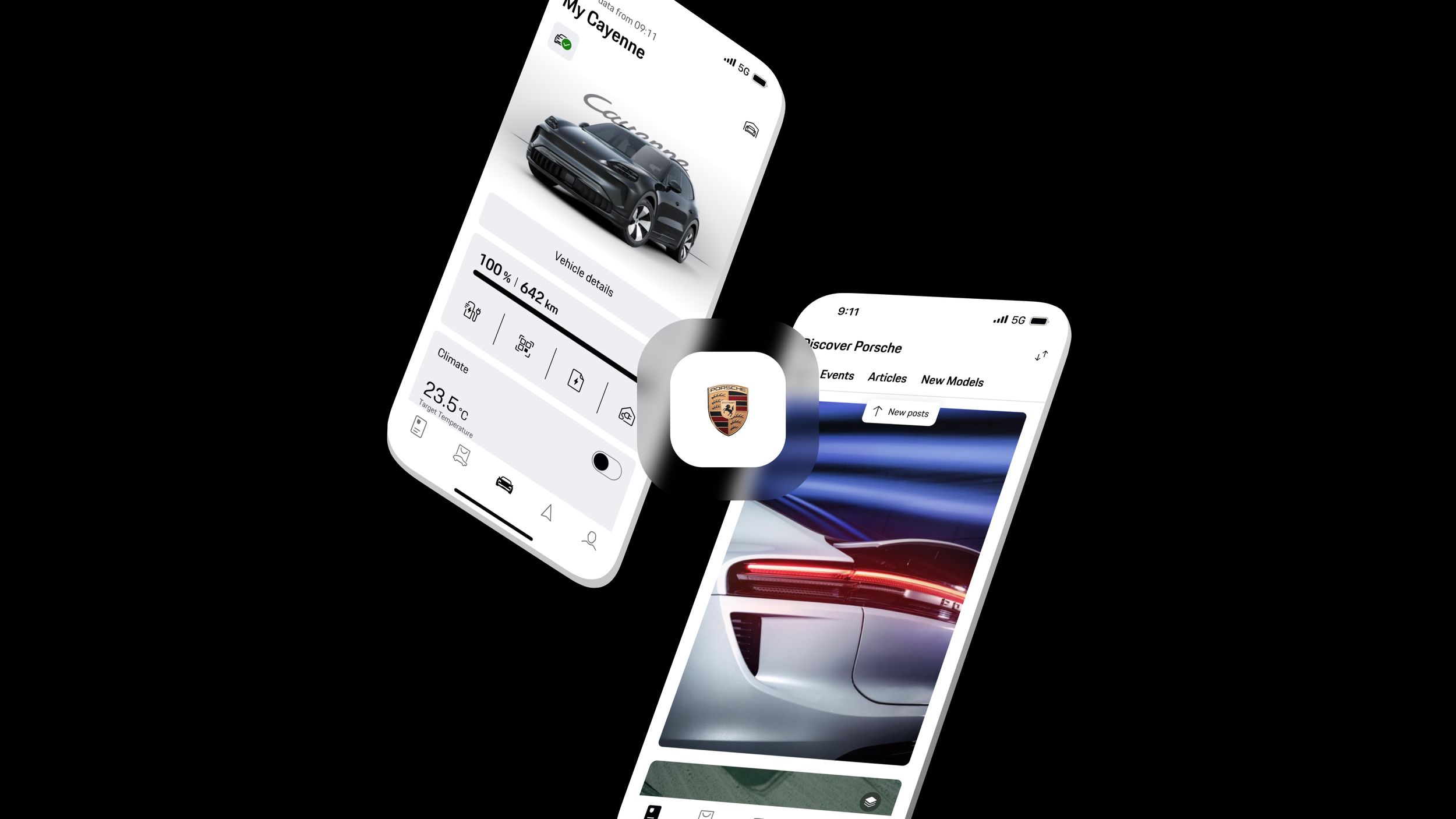 Two smartphone screens with Porsche app: left Cayenne vehicle data, right social feed showing white Porsche.