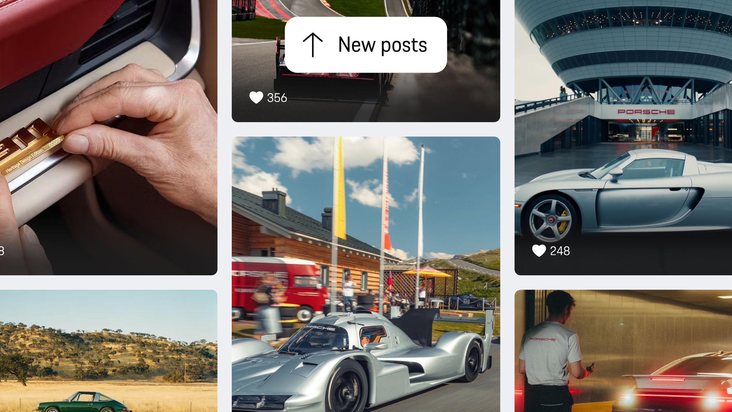 App view showing Discover Porsche feed with new posts: motorsport images, event photos, classic models and workshop scenes.
