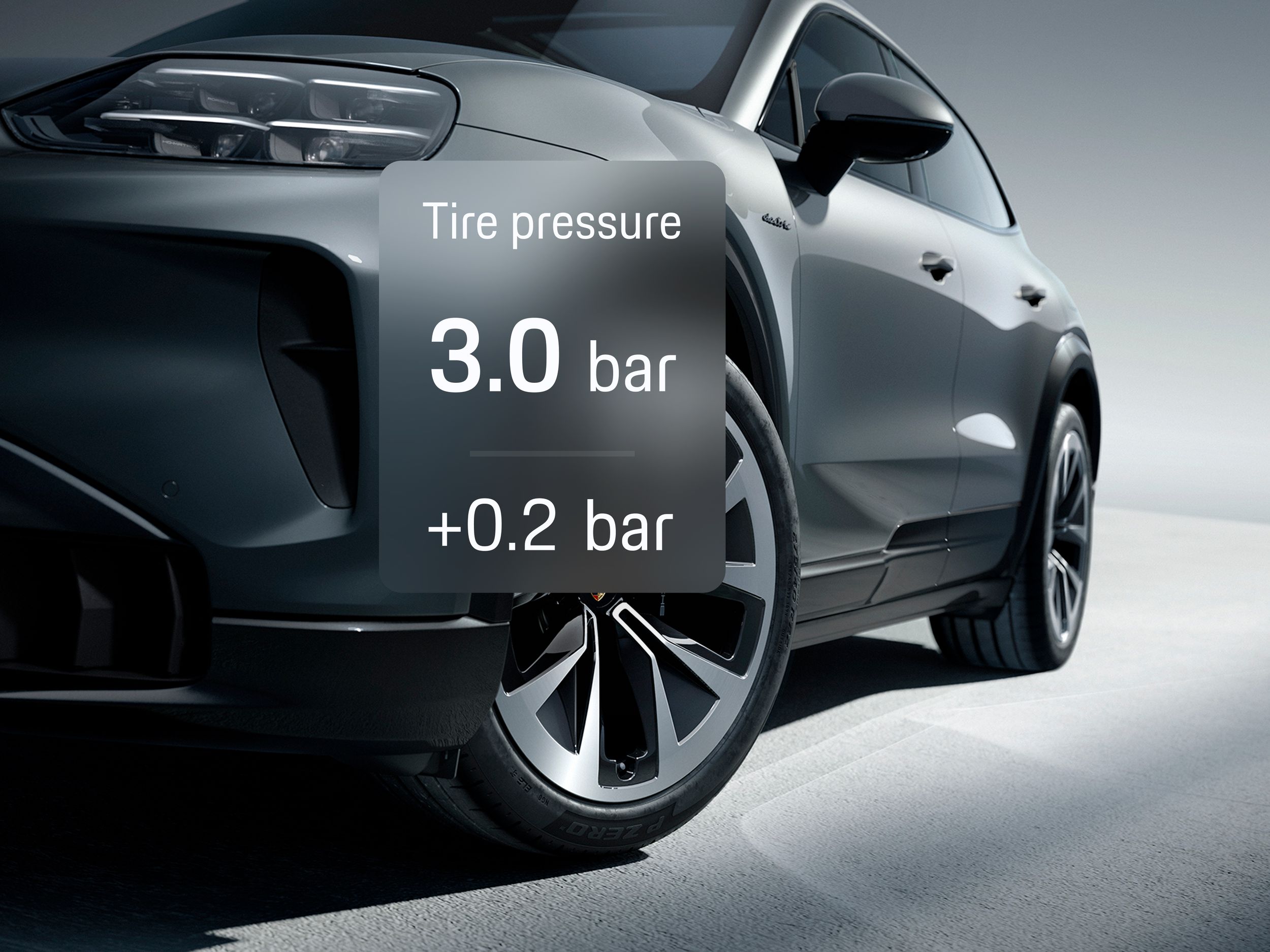 Close-up of gray Porsche SUV with tyre pressure overlay shown above the front wheel as part of an app view.