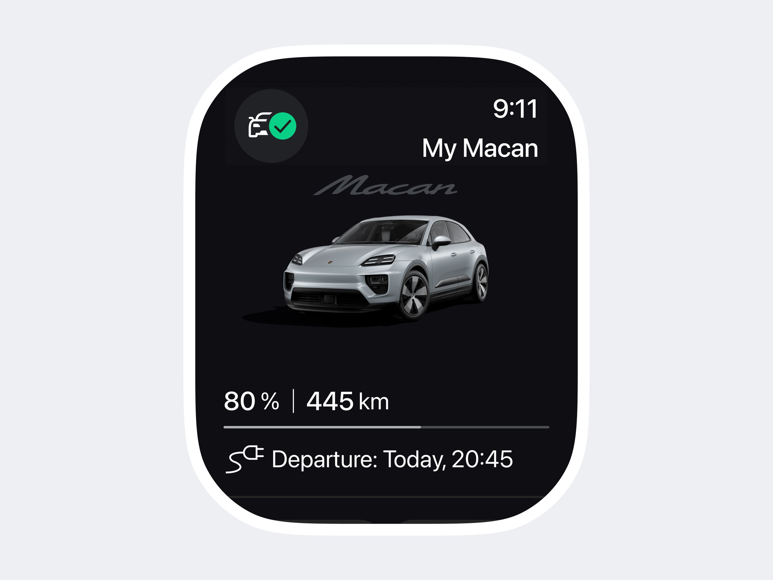 Smartwatch display shows a silver Porsche Macan with charge level range info and departure time on a dark app view.