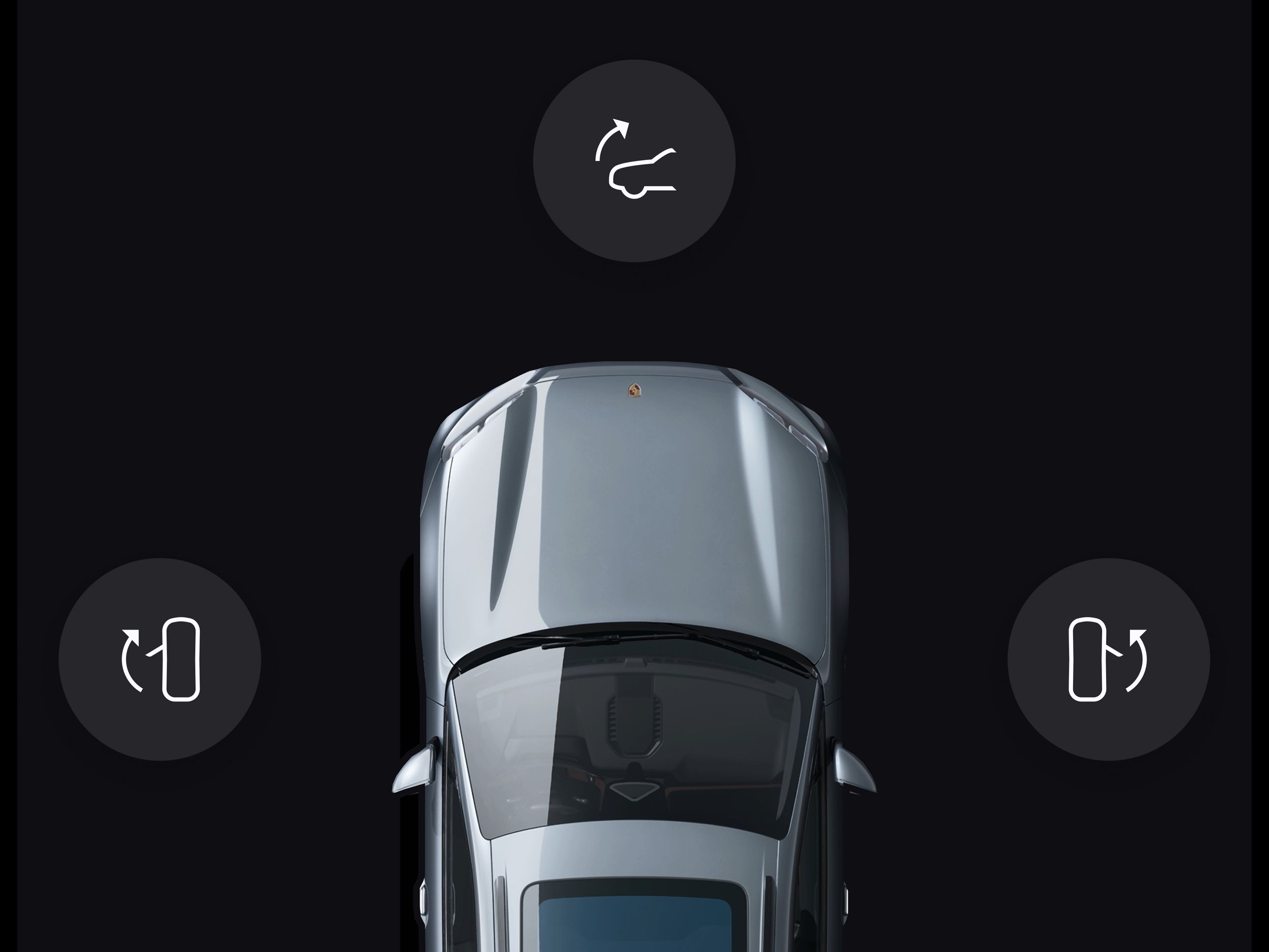App view showing gray Porsche top view on black background, three icons around car for trunk and door control functions.
