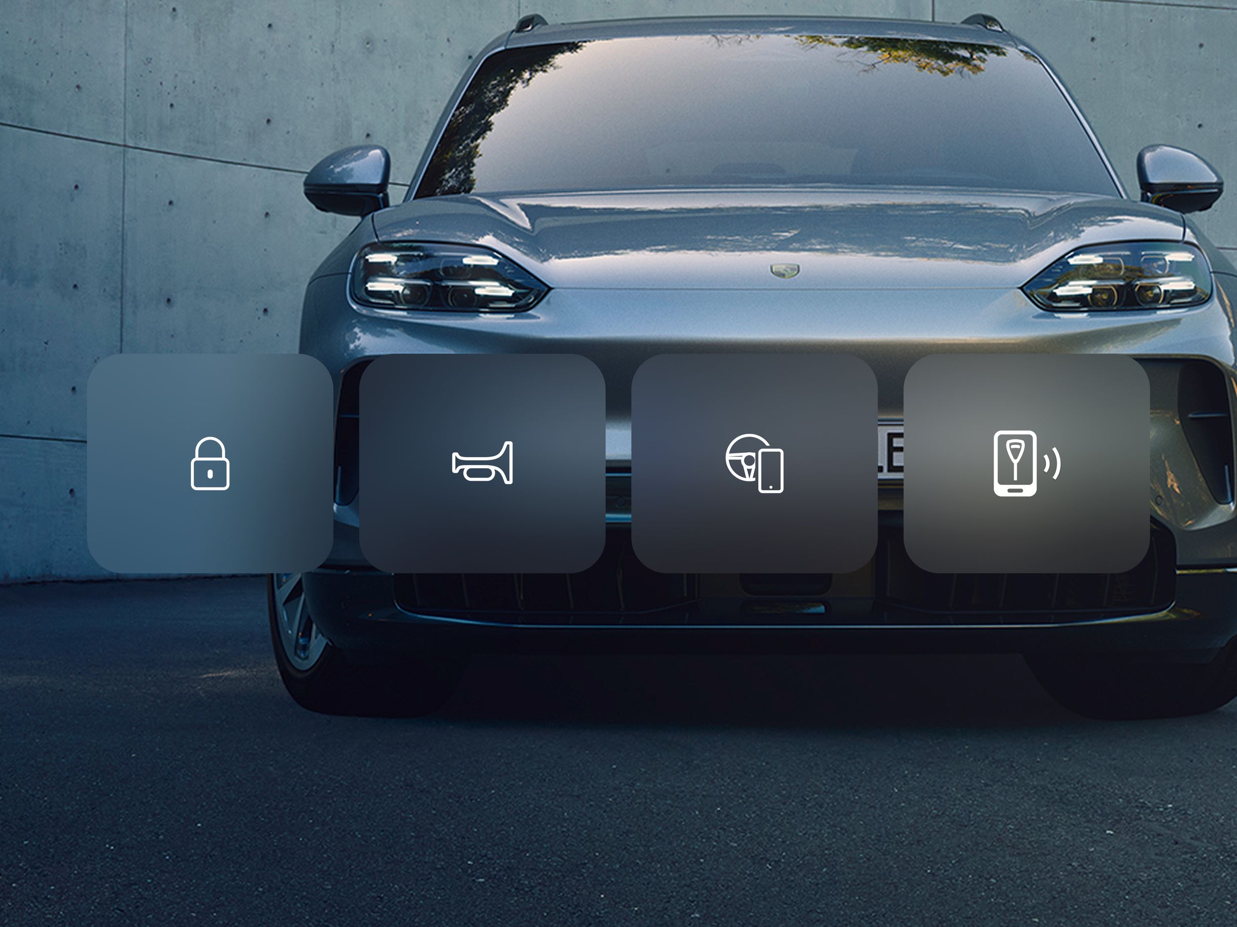 App view showing gray Porsche SUV front, with four control icons below for locking, horn, climate and charging function.
