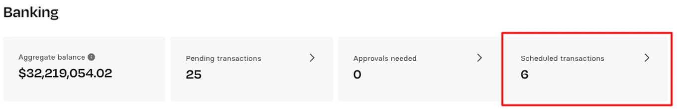 Banking dashboard showing aggregate balance of $32,210,954.02, 25 pending transactions, 0 approvals needed, and 6 scheduled transactions.