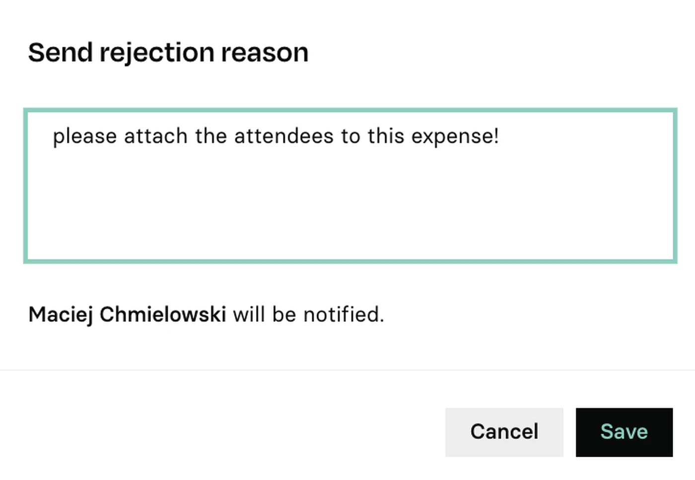 Rejection message screen asking to attach attendees to an expense, with options to cancel or save.