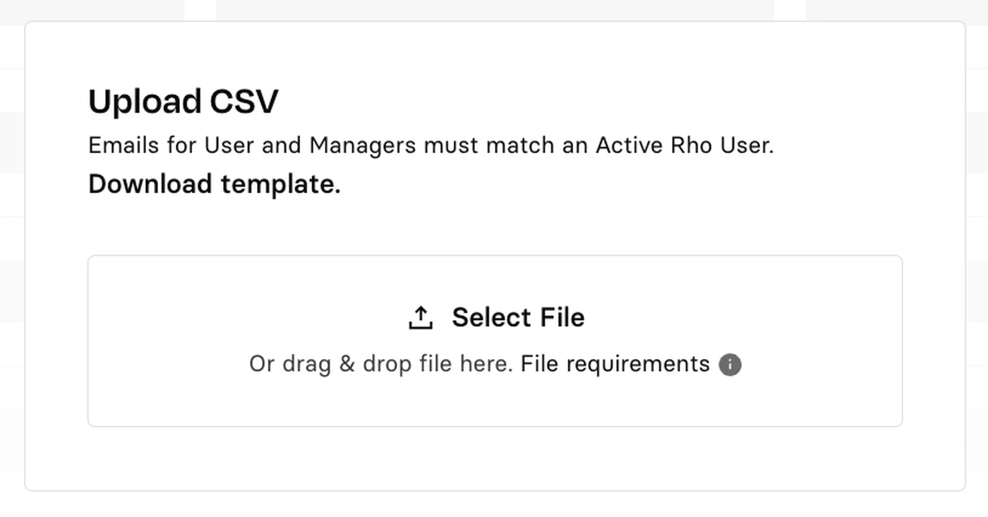 Upload CSV interface with options to download a template, select a file, or drag and drop. Text notes file requirements.