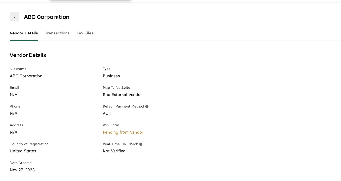 Vendor details page showing "ABC Corporation" with type "Business," payment method "ACH," and W-9 form status "Pending from Vendor."