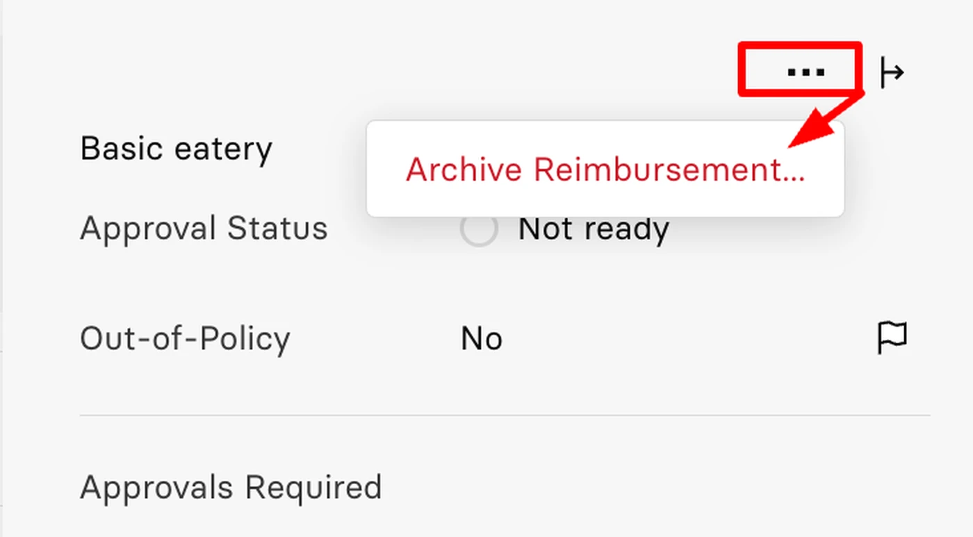 Dropdown menu with options to archive reimbursement in a software interface. Options include Basic eatery, Approval Status, and Out-of-Policy.