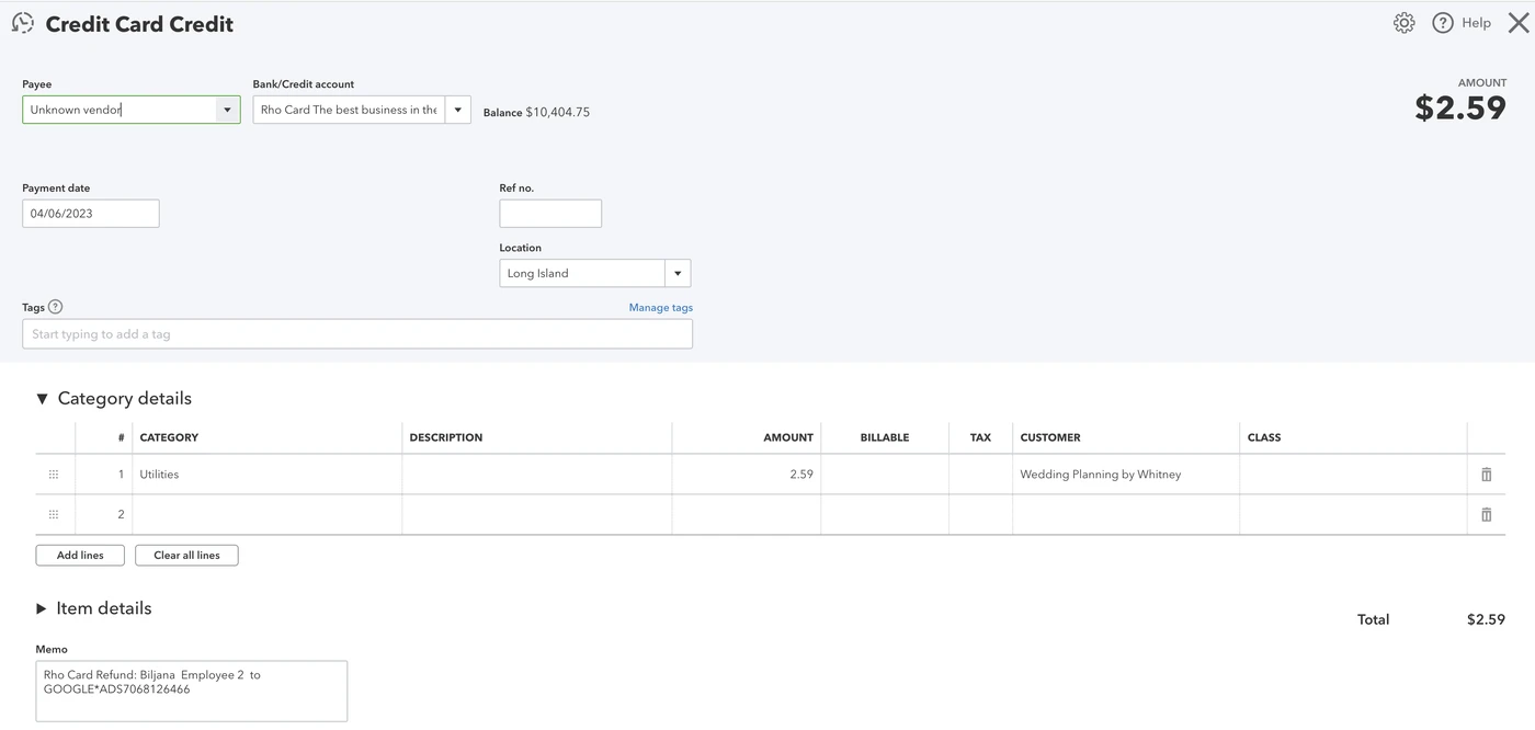 Screenshot of a credit card credit form showing payment details, category breakdown, and total amount of $2.59.