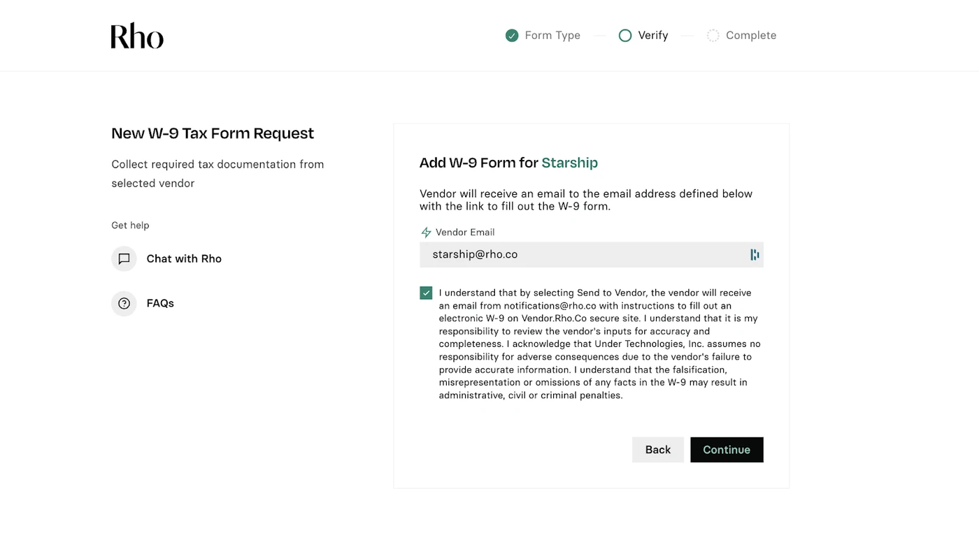 Screenshot of a webpage titled "New W-9 Tax Form Request" with fields for vendor email entry and a checkbox for terms agreement.