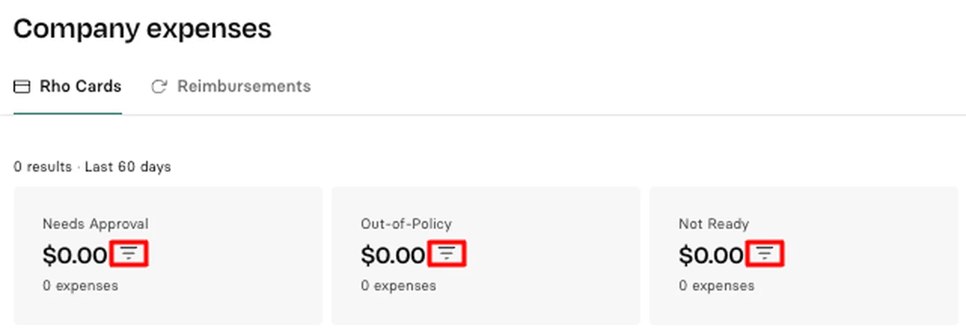 Dashboard showing company expenses: "Needs Approval" $0.00, "Out-of-Policy" $0.00, "Not Ready" $0.00. No expenses recorded in the last 60 days.