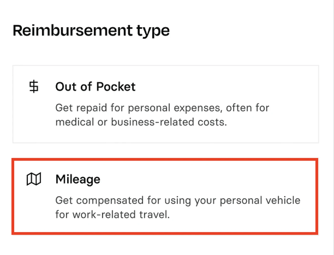 Text showing reimbursement types: "Out of Pocket" for personal expenses, and "Mileage" for using a personal vehicle for work travel.