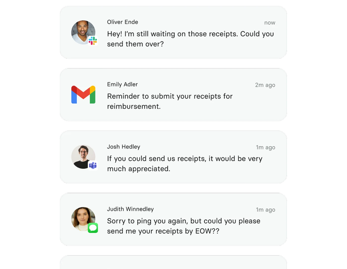A series of four messages requesting receipts for reimbursement, with profile images and timestamps.