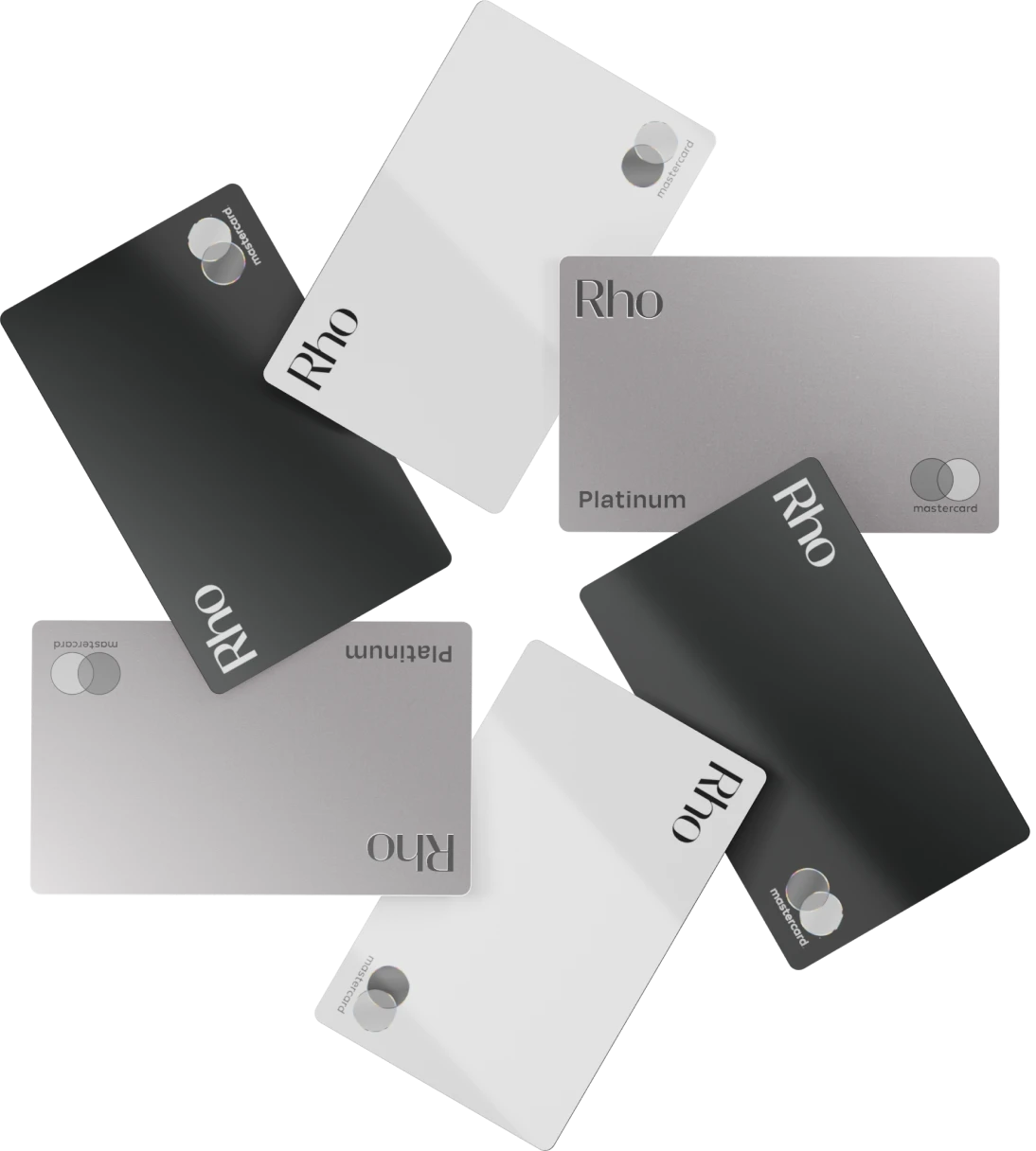 A circular arrangement of six Rho credit cards in black, white, and silver, each displaying the Mastercard logo.